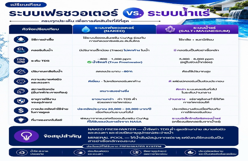 Mineral Pool vs Freshwater Pool ต่างกันอย่างไร? เลือกระบบน้ำแบบไหนให้เหมาะกับสระว่ายน้ำในประเทศไทย